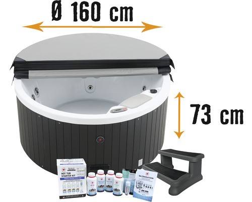Runder Whirlpool mit Abdeckung, Treppe und Starterset, Durchmesser 160 Zentimeter, Höhe 73 Zentimeter