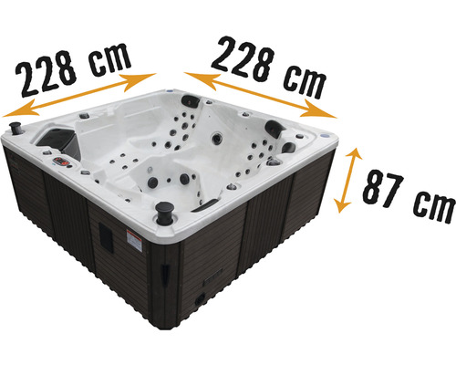 Abmessungen des Whirlpools: 228 mal 228 mal 87 Zentimeter