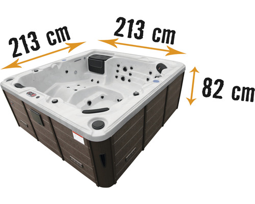 Abbildung eines Whirlpools mit den Maßen 213 mal 213 mal 82 Zentimeter.