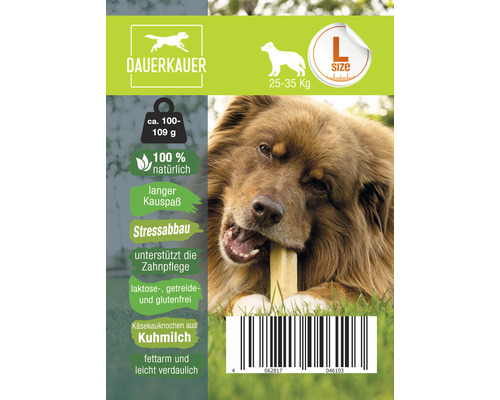 Verpackung eines Käsekausnochen aus Kuhmilch für Hunde Größe L, geeignet für Hunde mit 25 bis 35 Kilogramm Körpergewicht