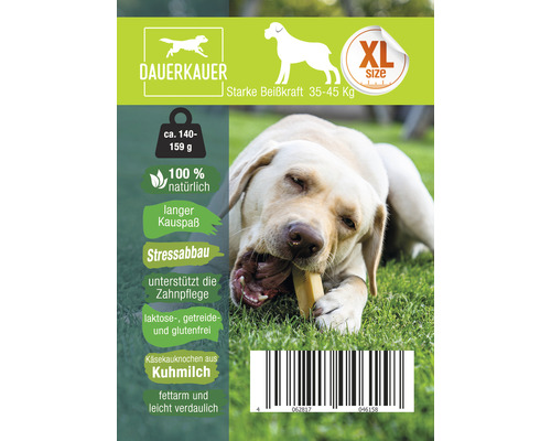 Verpackung eines Käsekausnochen aus Kuhmilch für Hunde der Größe XL mit starker Beisskraft zwischen 35 und 45 kg