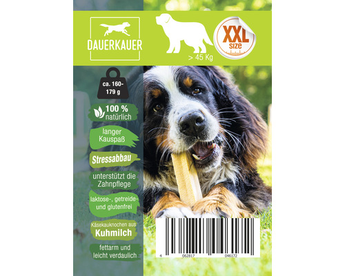 Verpackung Dauerkaustreifen für Hunde ab 45 kg, circa 160 bis 179 Gramm, aus Kuhmilch, laktose-, getreide- und glutenfrei