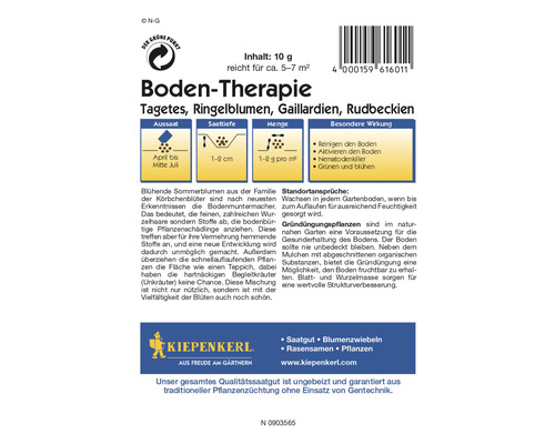 Bodentherapie Saatgutpackung mit Tagetes, Ringelblumen, Gaillardien und Rudbeckien