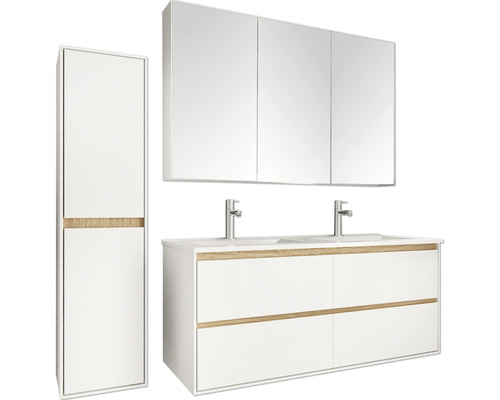 Badezimmerset mit Waschtischunterschrank, Spiegelschrank und Hochschrank