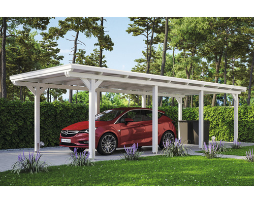 Einzelcarport SKAN HOLZ Emsland inkl. EPDM Folie, Pfostenanker 354 x 846 cm weiß Carport mit Auto und Gartengestaltung