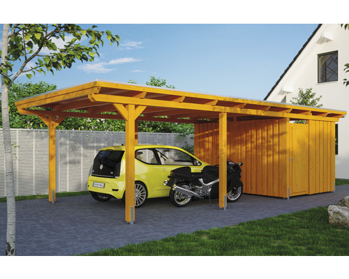 Einzelcarport SKAN HOLZ Emsland inkl. Abstellraum, Pfostenanker 404 x 846 cm eiche hell