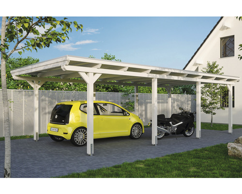 Einzelcarport SKAN HOLZ Emsland inkl. EPDM Folie, Pfostenanker 404 x 846 cm weiß Carport aus Holz mit Auto und Motorrad