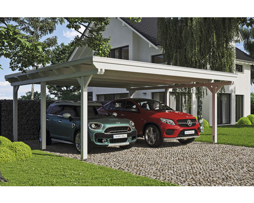 Doppelcarport SKAN HOLZ Emsland inkl. EPDM Folie, Pfostenanker 613 x 604 cm weiß Doppelcarport aus Holz mit zwei parkenden Autos