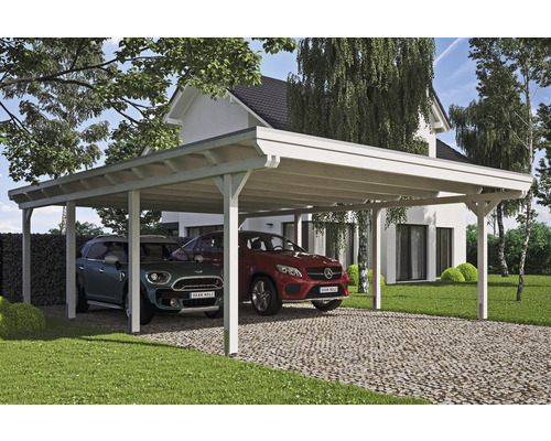 Doppelcarport SKAN HOLZ Emsland inkl. EPDM Folie, Pfostenanker 613 x 846 cm weiß Doppelcarport aus Holz mit zwei parkenden Autos