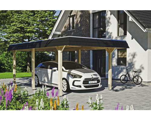 Einzelcarport SKAN HOLZ Wendland schwarze Blende inkl. Pfostenanker 362 x 628 cm natur