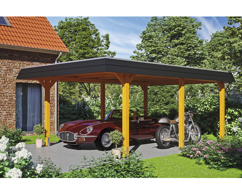 Einzelcarport SKAN HOLZ Wendland schwarze Blende inkl. Pfostenanker 409 x 628 cm eiche hell