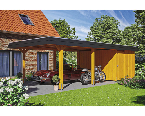 Einzelcarport SKAN HOLZ Wendland schwarze Blende inkl. Abstellraum, EPDM Folie, Pfostenanker 409 x 870 cm eiche hell