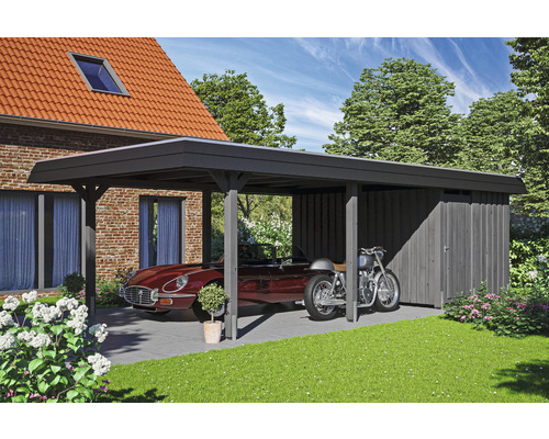 Einzelcarport SKAN HOLZ Wendland inkl. Abstellraum, Pfostenanker 409 x 870 cm schiefer