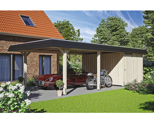 Einzelcarport SKAN HOLZ Wendland schwarze Blende inkl. Abstellraum, Pfostenanker 409 x 870 cm natur