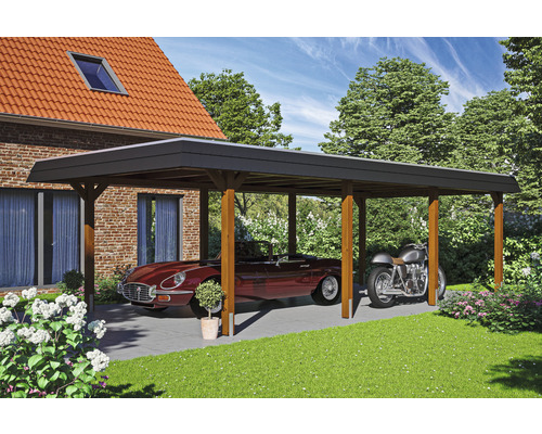 Einzelcarport SKAN HOLZ Wendland inkl. EPDM Folie, Pfostenanker 409 x 870 cm nussbaum