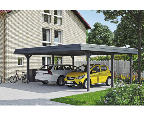 Doppelcarport SKAN HOLZ Wendland schwarze Blende inkl. Pfostenanker 630 x 637 cm schiefer