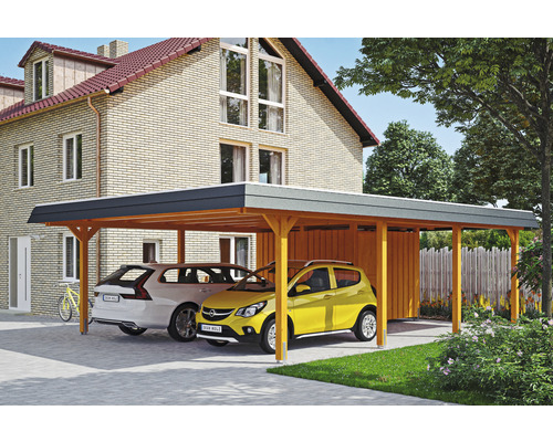 Doppelcarport SKAN HOLZ Wendland inkl. Abstellraum, Pfostenanker 630 x 879 cm eiche hell