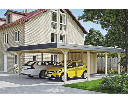 Doppelcarport SKAN HOLZ Wendland inkl. Abstellraum, EPDM Folie, Pfostenanker 630 x 879 cm natur