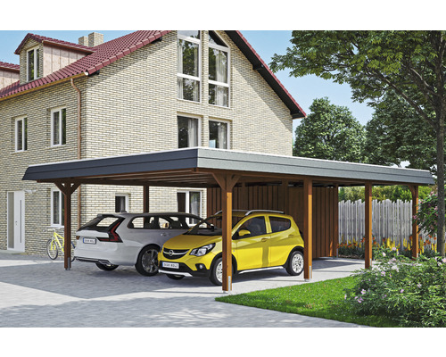 Doppelcarport SKAN HOLZ Wendland inkl. Abstellraum, EPDM Folie, Pfostenanker 630 x 879 cm nussbaum