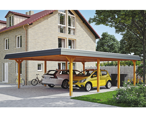 Doppelcarport SKAN HOLZ Wendland schwarze Blende inkl. Pfostenanker 630 x 879 cm eiche hell