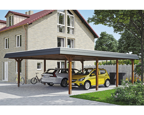 Doppelcarport SKAN HOLZ Wendland inkl. EPDM Folie, Pfostenanker 630 x 879 cm nussbaum