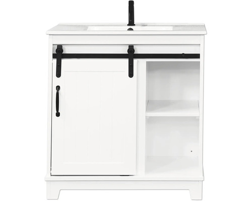 Waschbeckenunterschrank Differnz Country 87x80x47 cm mit Keramikwaschbecken weiß Waschtischunterschrank mit Schiebetür und Regalen