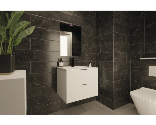 Modernes Badezimmer mit dunklen Fliesen, Waschbeckenunterschrank und Spiegel