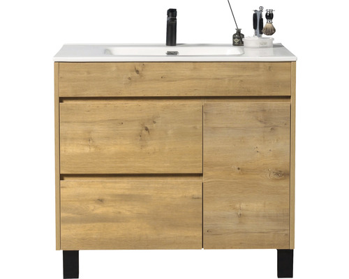 Waschtischunterschrank aus Holz mit Waschbecken und Armatur