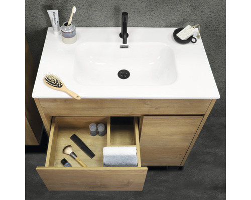 Badezimmerwaschtisch aus Holz mit offenem Schubfach und Aufsatzwaschbecken