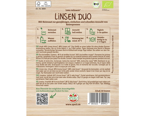 Sperli Linsen Duo Keimsaat Packungsrückseite mit Anweisungen zur Keimung