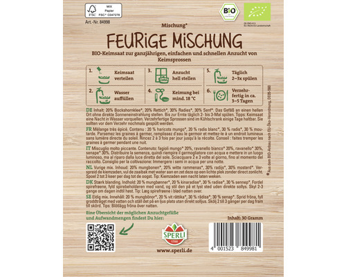 Feurige Mischung Keimsaat Verpackung von Sperli mit Anweisungen zur Anzucht von Keimsprossen