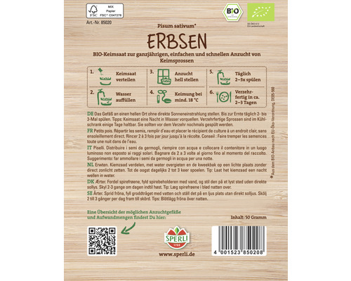 Samenpackung für Erbsen-Keimsprossen mit Anzuchtanleitung