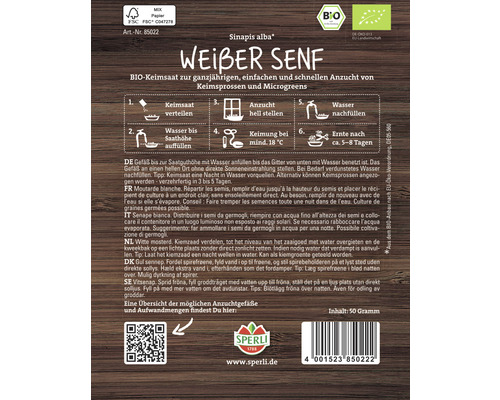 Weißer Senf Keimsaat Verpackung mit Anzuchtanleitung