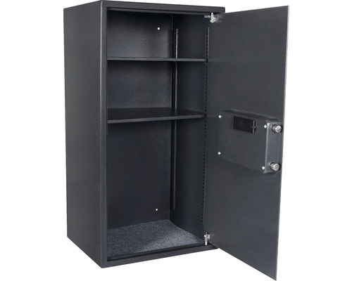 Geöffneter Tresor mit zwei Regalböden für die sichere Aufbewahrung von Wertgegenständen