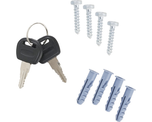 Schlüssel, Schrauben und Dübel zur Befestigung