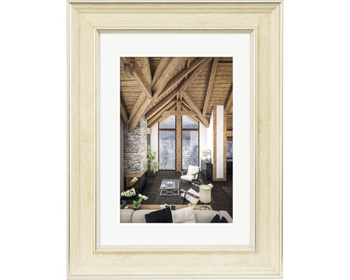 Bilderrahmen mit Passepartout, gerahmt ist ein Wohnzimmer mit Holzbalkendecke und Kamin