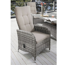 Gartenszene mit grauem Rattan-Gartenstuhl und beige Sitzkissen