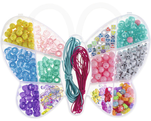 Schmetterlingsförmige Sortierbox mit Schmuckperlen und Schmuckbändern