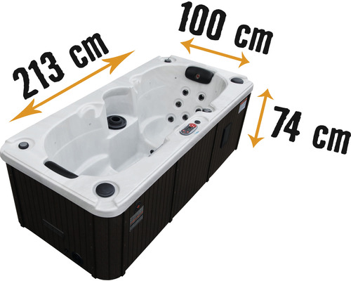 Abbildung eines Whirlpools mit den Maßen 213 cm Länge, 100 cm Breite und 74 cm Höhe.