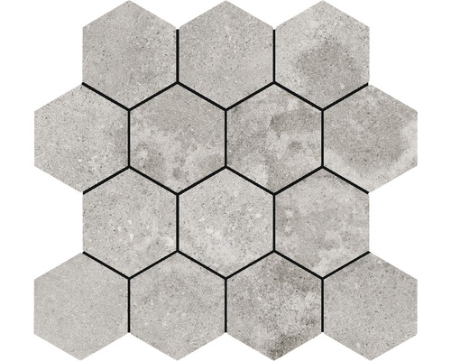 Feinsteinzeugmosaik Dolomiti Hexa ash 29x27 cm grau Sechseckige Steinzeugfliesen auf einem Mosaiknetz