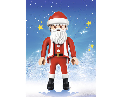 Playmobil Weihnachtsmann Figur vor winterlichem Hintergrund