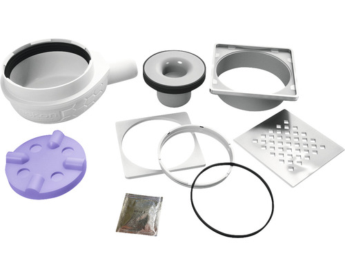 Komponenten für einen Bodenablauf aus Kunststoff und Edelstahl