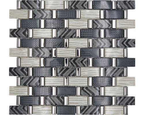 Glasmosaik Qin Shi XCM MW20 30x30 cm grau glänzend Mosaikfliese mit Muster und silberfarbenen Akzenten