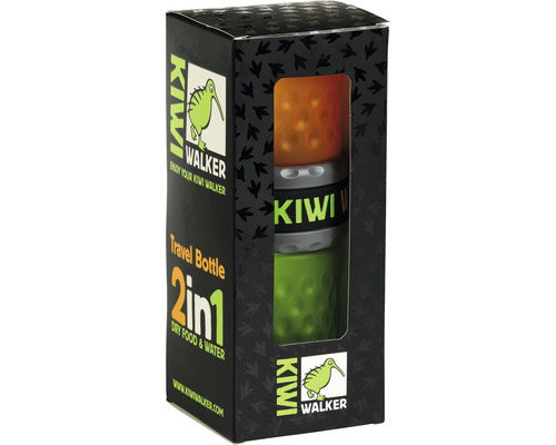 Kiwi Walker 2-in-1 Reiseflasche für Trockenfutter und Wasser in Verpackung