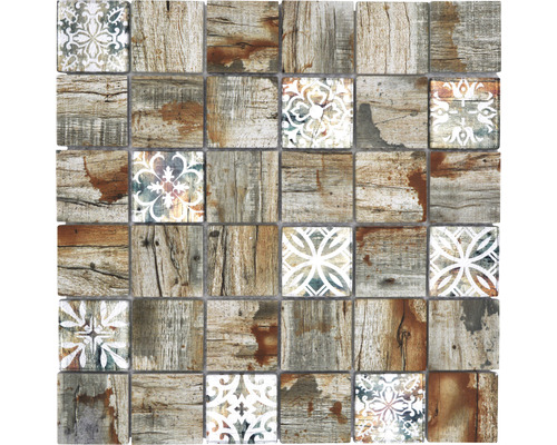 Glasmosaik Planet XCM Wood 700 29,8x29,8 cm beige matt Mosaikfliese mit Holzoptik und floralen Mustern