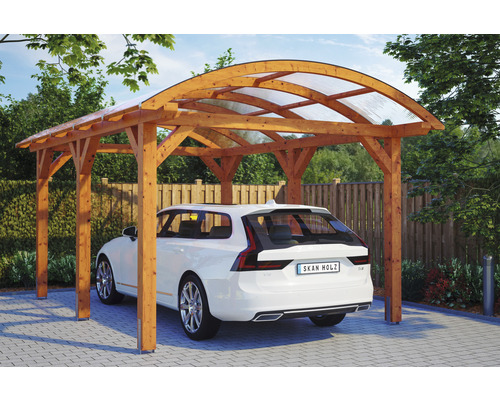 Einzelcarport SKAN HOLZ Franken inkl. Pfostenanker 376 x 541 cm eiche hell Auto unter einem Carport aus Holz mit transparentem Dach