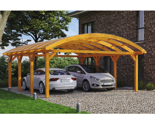 Doppelcarport aus Holz mit zwei geparkten Autos