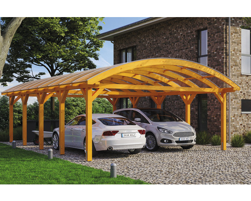 Doppelcarport aus Holz mit zwei geparkten Autos