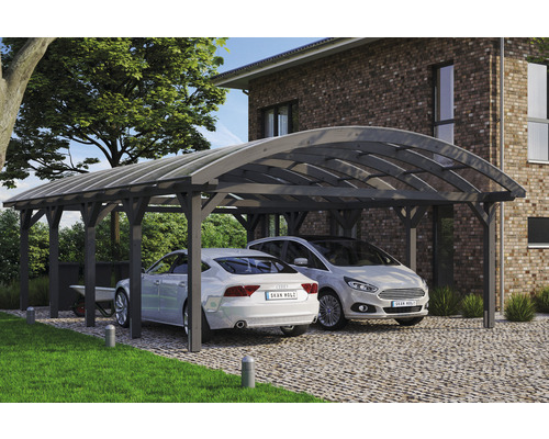 Doppelcarport aus Holz mit zwei Autos vor einem Haus