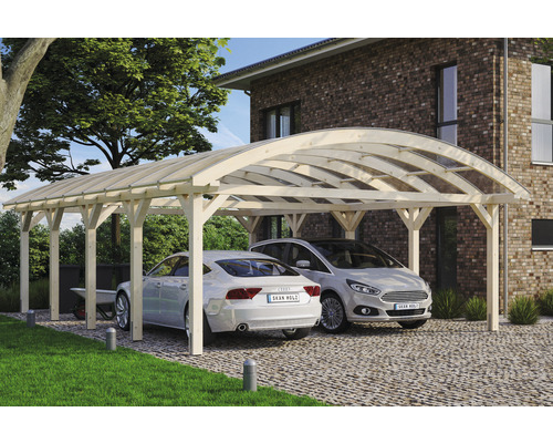 Doppelcarport aus Holz mit zwei Autos